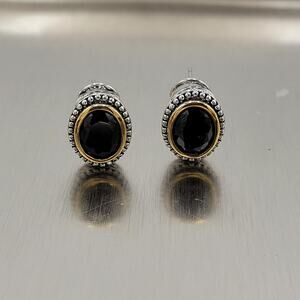Vtg Stud Earrings Womens Silver Gold Tone Beveled Black Crystal Chunky Statement